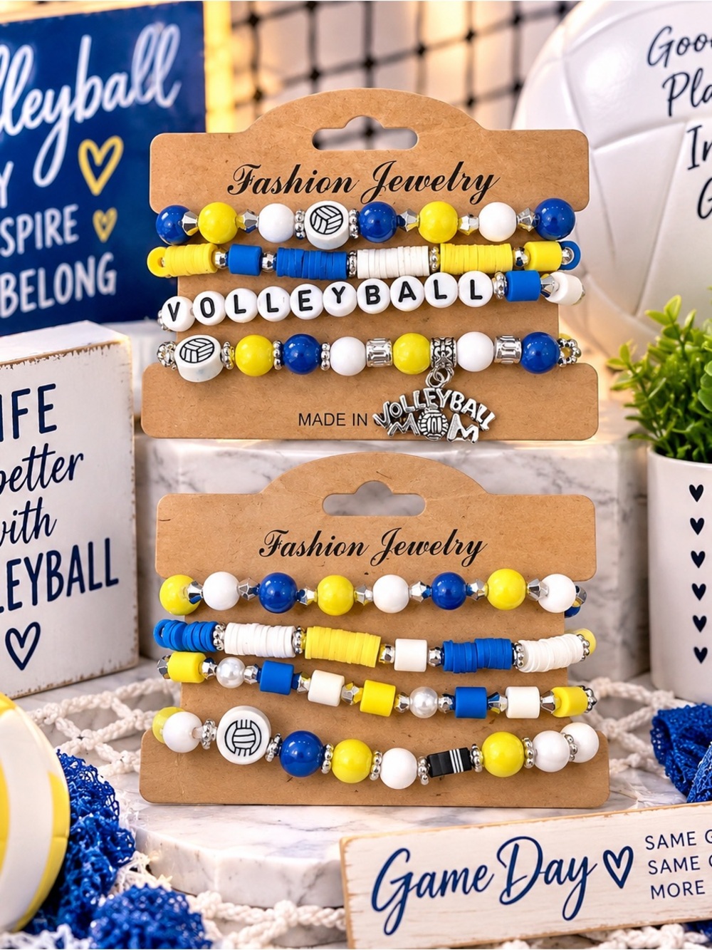 Volleyball 4-Piece Beaded Bracelet Set Blue Yellow White Silver Game Day Jewelry